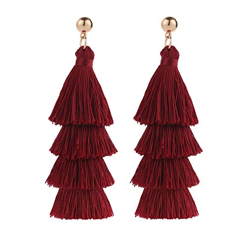 BaubleStar Bohemian Layered Tassel Drop Earrings for Women | Lightweight Statement Party Festival Jewelry - color: Burgundy