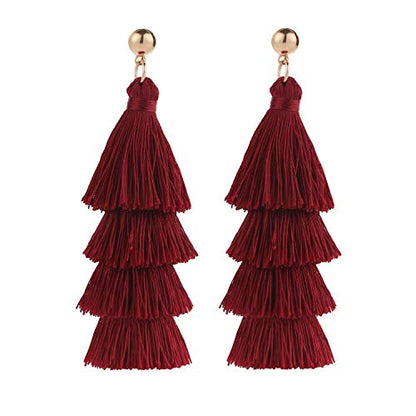BaubleStar Bohemian Layered Tassel Drop Earrings for Women | Lightweight Statement Party Festival Jewelry - color: Burgundy