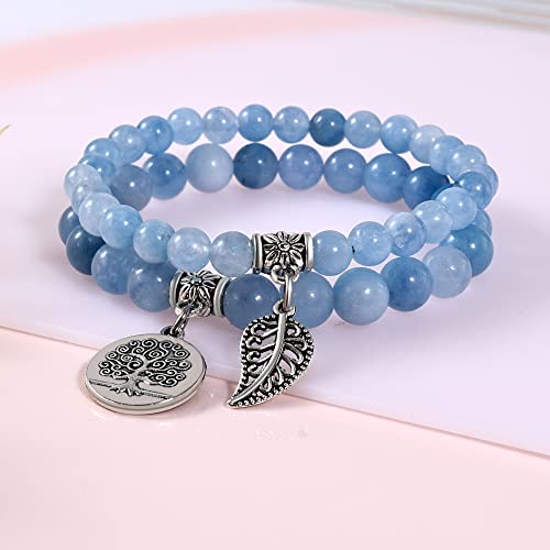 Bivei Natural Semi Precious Gemstone beads bracelet for women - Life Tree and Leaf Charm Energy Reiki Crystal Stretch Bracelets - color: Aquamarine Bracelets Set, size: Medium:6.8-7.24inch
