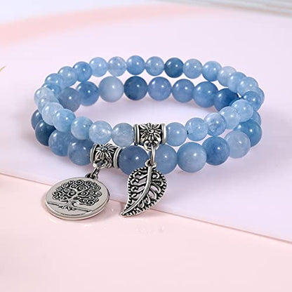 Bivei Natural Semi Precious Gemstone beads bracelet for women - Life Tree and Leaf Charm Energy Reiki Crystal Stretch Bracelets - color: Aquamarine Bracelets Set, size: Medium:6.8-7.24inch