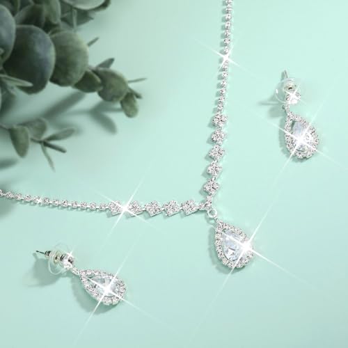 Unicra Bride Crystal Necklace Earrings Set Bridal Wedding Jewelry Sets Rhinestone Choker Necklace Prom Costume Jewelry Set for Women and Brides - color: A-Silver