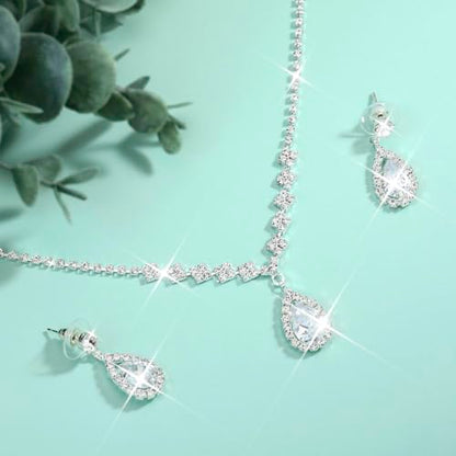 Unicra Bride Crystal Necklace Earrings Set Bridal Wedding Jewelry Sets Rhinestone Choker Necklace Prom Costume Jewelry Set for Women and Brides - color: A-Silver