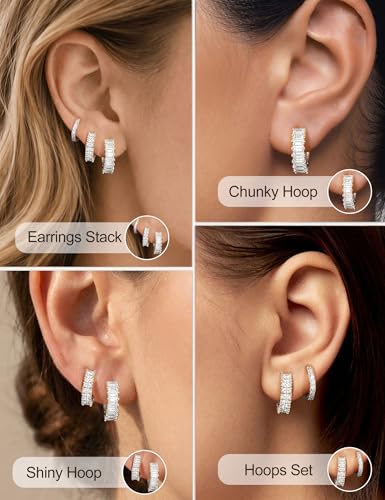 Small Gold Earring Stack Trendy 925 Sterling Silver Earrings for Women Hypoallergenic 14K Gold Plated Cubic Zirconia Stud Hoop Non Tarnish Huggie Hoop Earrings Set for Multiple Piercing Jewelry Gift - style: Silver: 3 Pairs of CZ Hoops