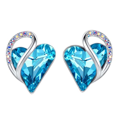 Infinity Love Heart Stud Earrings for Women, Birthstone and Healing Stone, Gifts for Mom, Wife, and Her, Silver Plated - color: 12-December-Turquoise Aquamarine Blue