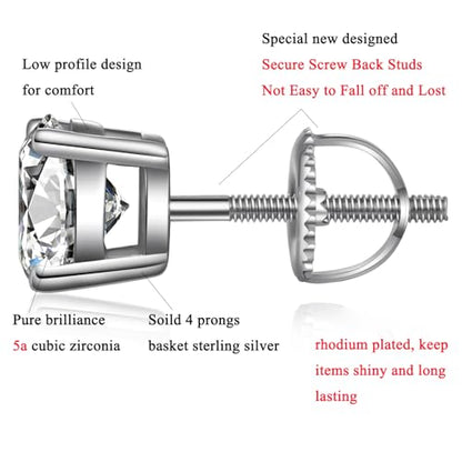 Stud Earrings with Screw Back, 925 Sterling Silver Cubic Zirconia Round Cut/Square Cut Stud Earrings for Women and Men, Long & Thick Post, 4MM-8MM - color: A-Round-Silver, size: 8MM