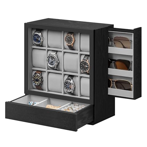 SONGMICS Watch Box 12-Slot Watch Display Case with Window | Solid Wood Veneer, Velvet Lining, Vertical Storage, Space Saving, Gift Idea, Ebony Black, UJOW014B01 - color: Ebony Black, size: 12 Slot