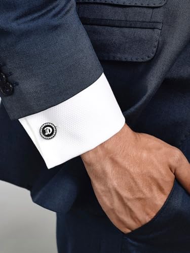 FindChic Stainless Steel Round Cufflinks with Custom Text/Picture/Monogram Letters 18K Gold Plated/Black Color for Men Groom Suits Shirts, with Gift Box - style: 03. CZ custom letters (black)
