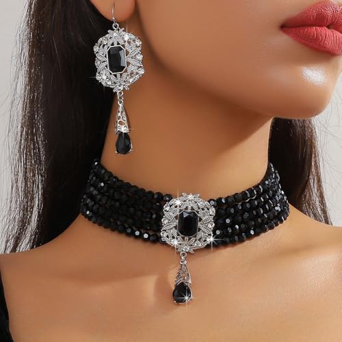 Missgrace Women Silver Black Green Red Rhinestone Crystal Tassels Bridal Necklace Earrings Sets Teardrop Necklace Dangle Earrings Set for Wedding Brides Bridesmaid - color: Silver Black