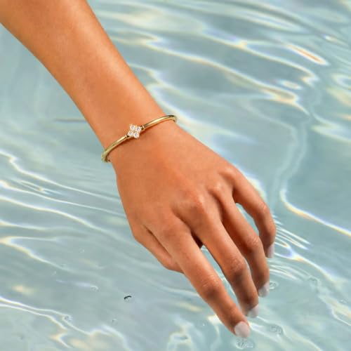 Gold Cuff Bracelets for Women, 14K Gold Plated Dainty Open CZ Cuff Bracelet Adjustable Stackable Open Bangle Bracelet Birthday Jewelry Gift for Her - color: Four Clover CZ-Gold
