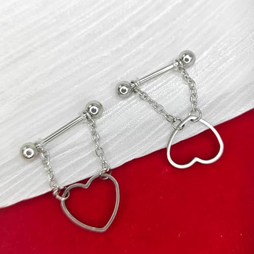 14G 2Pcs Heart Nipple Rings with Chain 316L Stainless Steel Nipple Barbells Nipple Piercing Jewelry for Women Men