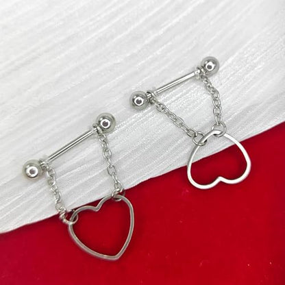 14G 2Pcs Heart Nipple Rings with Chain 316L Stainless Steel Nipple Barbells Nipple Piercing Jewelry for Women Men