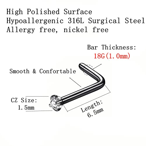 316L Surgical Steel 22g/20g/18g Nose Rings Studs L-Shape Nose Nostrial Piercing Body Jewerly L Shaped Nose Studs 1.5mm 2mm 2.5mm 3mm CZ Nose Screw Studs Rings for Women - style: 6pcs/L-shape/18g/1.5mm Clear CZ/Black