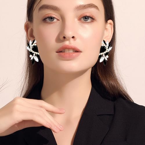 Bohemian Dainty Sparkly Crystal Teardrop Flower Dangle Drop Earrings Unique Lightweight Glitter Rhinestone Geometry Floral Stud Earrings For Women - style: Black