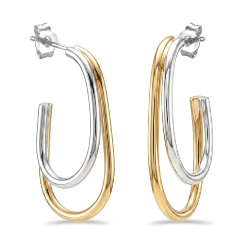 LeCalla Real 925 Sterling Silver C Hoop Earrings | Lightweight Small Hoops Italian Half Earring Hoops for Women - color: Two-Tone Oval Hoops-25mm