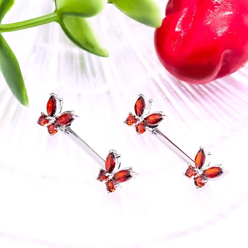 VERAMI 14G Stainless Steel Heart Nipple Rings and Barbell - Butterfly, Starlight Acrylic Ball, Tongue Rings for Women and Men - color: Red CZ-B