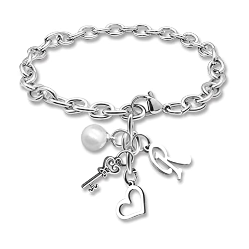 Initial A-Z Bracelets Gift for Women Girls Stainless Steel Chain Bracelet 26 Alphabet Jewelry Gifts for Birthday Anniversary Letter Bracelet Monogram Gifts for Sister Friend Girlfriends Mom 8.26 Inch - color: R