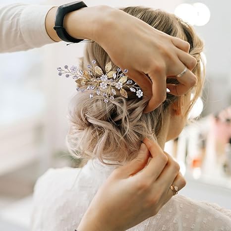 4 Pcs Bridal Gold Leaf Hair Pins, Wedding Hair Comb Accessories with Rhinestone Pearl Bridal Headpiece Jewelry for Brides Bridesmaids Women Girls Updo (Gold Leaf) - color: Gold-Leaf
