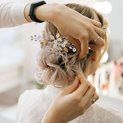 4 Pcs Bridal Gold Leaf Hair Pins, Wedding Hair Comb Accessories with Rhinestone Pearl Bridal Headpiece Jewelry for Brides Bridesmaids Women Girls Updo (Gold Leaf) - color: Gold-Leaf