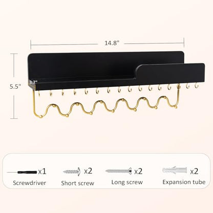Hanging Jewelry Organizer with 29 Hooks and Cosmetics Shelf, Modern Wood Wall Mounted Jewelry Holder for Necklaces, Bracelets, Earrings and Rings, Black - color: Black
