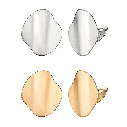 FANZE 2 Pairs Matte Gold Sliver Clip on Earrings for Women No Piercing | No Piercing Button Earring Comfortable Fashion Jewelry Gift - color: Set-11