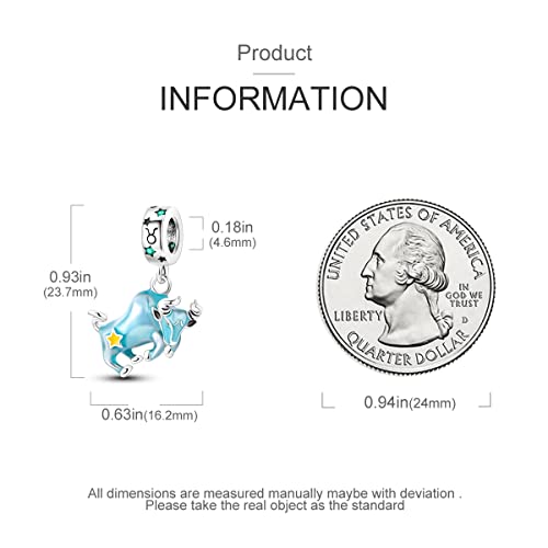 Zodiac Sign Charms for Bracelet Necklace 925 Sterling Silver Charms 12 Constellation/Horoscope Star Dangle Birthstone Beads, Birthday Jewelry Gifts for Women Men - color: Zodiac Taurus(4.20～5.20)