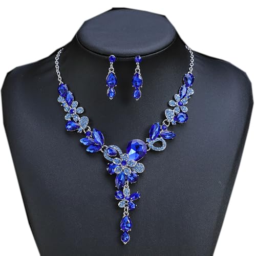 Rhinestone Crystal Bridal Necklace Floarl Art Deco Teardrop Collar Necklace Dangle Earrings Jewelry Set for Women - color: Royal Blue