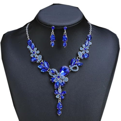 Rhinestone Crystal Bridal Necklace Floarl Art Deco Teardrop Collar Necklace Dangle Earrings Jewelry Set for Women - color: Royal Blue