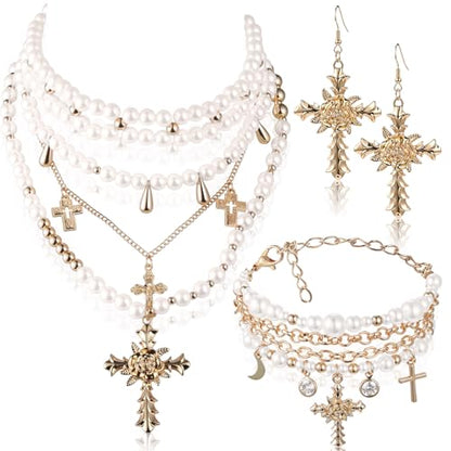 Tondiamo 3 Pcs Gothic Jewelry Set Cross Necklace for Women Goth Earrings Bracelet Layered Y2k Choker Costume Accessory - color: Golden, style: Pearl Style