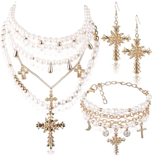 Tondiamo 3 Pcs Gothic Jewelry Set Cross Necklace for Women Goth Earrings Bracelet Layered Y2k Choker Costume Accessory - color: Golden, style: Pearl Style