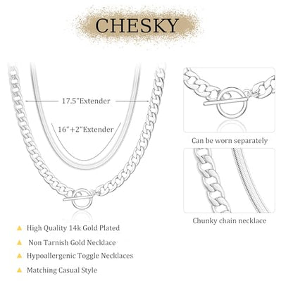 CHESKY 14K Gold Plated Chunky Necklace for Women, Trendy Toggle Clasp | Statement Pendant Necklace, Layered Paperclip Chain, Toggle Clasp Design, Thick Gold Chain, Non Tarnish Everyday Jewelry - color: silver, style: cuban+herringbone