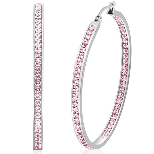 2 Inch Earrings for Women, Large Hoop Earrings for Women Rhinestone Crystal Stainless Steel Earrings - color: Pink