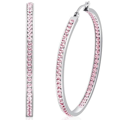 2 Inch Earrings for Women, Large Hoop Earrings for Women Rhinestone Crystal Stainless Steel Earrings - color: Pink