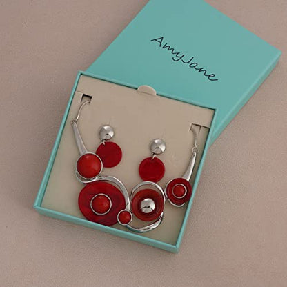 AMYJANE Vintage Statement Jewelry Set - Spring Leaf Flower Floral Plant Necklace Earring Set Crystal Rhinestone Fashion Costume Jewelry for Women Prom Party Unique Gift - style: ML Geometric Round Jewelry Set-Red