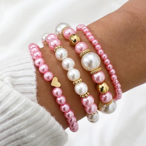 Pearl Bracelets for Women Simulated Pearl Beaded Bracelet White Pearls Stackable Stretch Bracelet Set Multilayered Elastic Pearls Bracelets for Women Bridesmaid Bridal Jewelry - color: pink