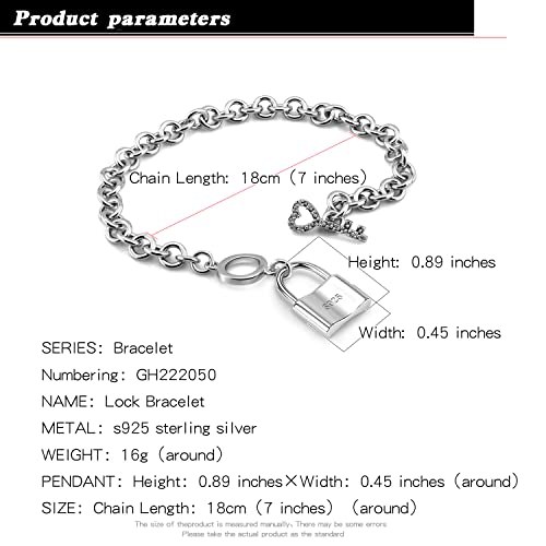 H&Beautimer 925 Sterling Silver Bracelet For Women's - Italian Handmade Rolo Chain 6.3, 6.7, 7.1, 7.5, 8 Inch - AAAAA CZ Zircon Heart/Lock Pendant Bracelet - Fine Jewelry - color: Silver, size: 6.7 inches