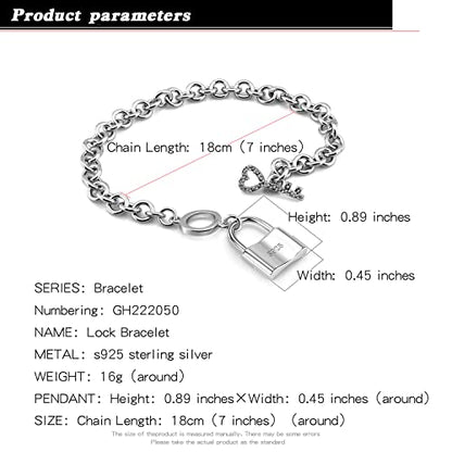 H&Beautimer 925 Sterling Silver Bracelet For Women's - Italian Handmade Rolo Chain 6.3, 6.7, 7.1, 7.5, 8 Inch - AAAAA CZ Zircon Heart/Lock Pendant Bracelet - Fine Jewelry - color: Silver, size: 6.7 inches