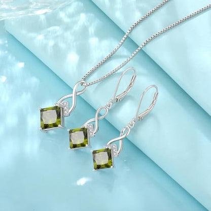 Infinity Necklace 925 Sterling Silver Princess Cut Pendant Birthstone Jewelry for Women - color: Olive Green