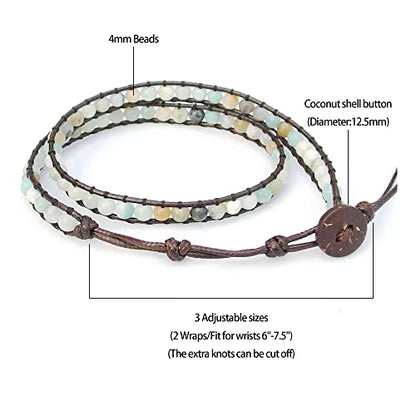 Genuine Stone Wrap Bracelets for Women Natural Crystal Beaded Wrap Bracelet 2/3/5 Adjustable Bohemian Bracelets Jewelry Gifts for Women Mom - color: amazonite(2 wraps)