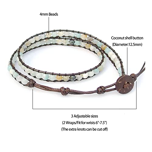 Genuine Stone Wrap Bracelets for Women Natural Crystal Beaded Wrap Bracelet 2/3/5 Adjustable Bohemian Bracelets Jewelry Gifts for Women Mom - color: amazonite(2 wraps)