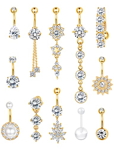 FIBO STEEL 14G Belly Button Rings Dangle 316L Stainless Steel Belly Rings for Women Navel Piercing Jewelry 12 Pcs - color: 14K Gold Plated