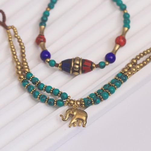 Petite Adjustable Boho Bracelet for Small Wrists 6-7.5 Inch - Handmade Nepalese Buddhist Prayer Bracelet with Elephant Charm, Brass Bell, Turquoise Stone & Tibetan Mantra Beads, Spiritual Lucky Gift - color: Green-2Pcs