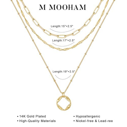 M MOOHAM Layered Gold Necklaces Stack for Women No Tarnish | 14K Gold Plated, Stackable Pendant Necklace Set, Snake Rope Cuban Paperclip Chain, CZ Coin Pendant, Dainty Jewelry Gifts - color: 3 Layered Paperclip Singapore Circle Pendant-Gold