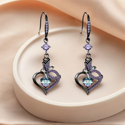 VOLUKA Created Opal/Amethyst/Mystic Topaz Pendant Necklace for Women,18K White/Rose Gold Plated Chain Wedding Engagement Jewelry Gift - color: N-Black Heart Jewelry Set