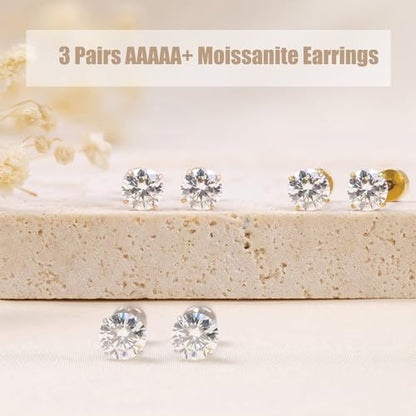 Limerencia Moissanite Stud Earrings, 3 Pairs Titanium Screw Back Earrings | D Color VVS1 Clarity Lab-created Moissanite Earrings, Hypoallergenic G23 Pure Titanium for Women Men Sensitive Ears - color: Silver S