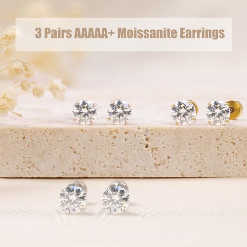 Limerencia Moissanite Stud Earrings, 3 Pairs Titanium Screw Back Earrings | D Color VVS1 Clarity Lab-created Moissanite Earrings, Hypoallergenic G23 Pure Titanium for Women Men Sensitive Ears - color: Rose Gold S