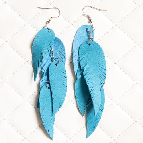 Leather Feather Earrings, Suede layered earrings, boho wedding jewelry, summer earrings, gift for her, dangle earrings - color: turquoise blue