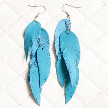 Leather Feather Earrings, Suede layered earrings, boho wedding jewelry, summer earrings, gift for her, dangle earrings - color: turquoise blue