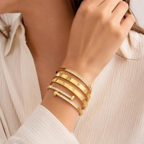 Gold Bangles for Women, 4 Pcs 18K Gold Plated Stainless Steel Stackable Bangle Bracelets, Non Tarnish CZ Bangles Set, Trendy Jewelry Gifts for Women - color: Gold-2