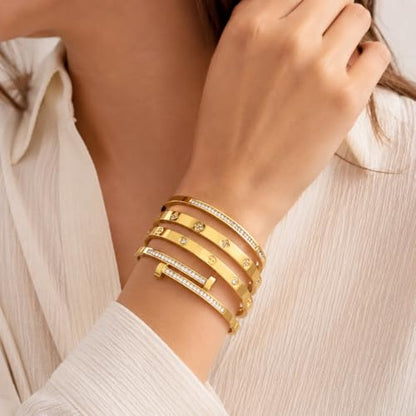 Gold Bangles for Women, 4 Pcs 18K Gold Plated Stainless Steel Stackable Bangle Bracelets, Non Tarnish CZ Bangles Set, Trendy Jewelry Gifts for Women - color: Gold-2