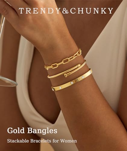 ZOERAY Silver Gold Bangle Bracelets for Women Non Tarnish 14k Gold Plated Stackable Cuff Bracelets for Women Trendy Cubic Zirconia Stainless Steel Chunky Bracelet Stack Set Waterproof Jewelry Gifts - color: E.Paperclip-Gold